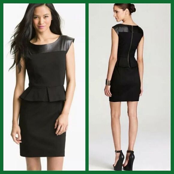Cynthia Steffe Faux Leather Peplum Ponte Dress 2 - Picture 1 of 7
